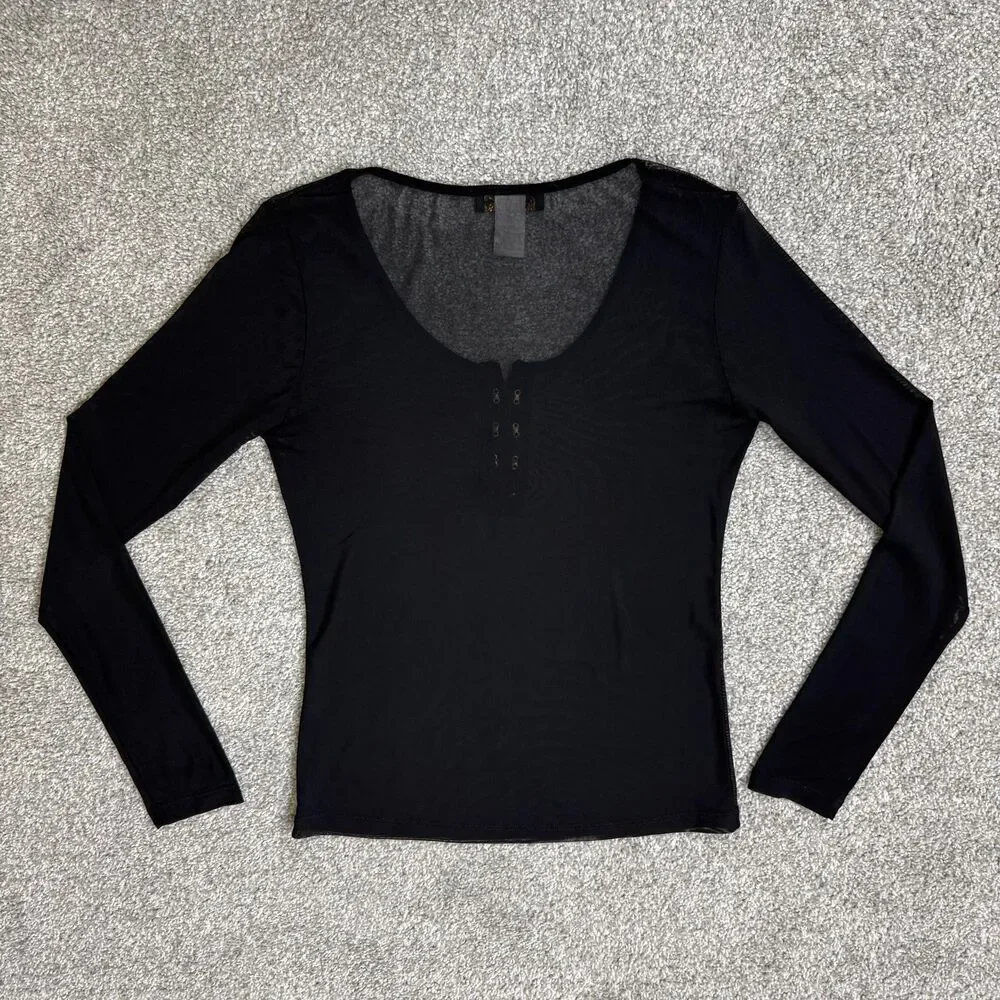 Vintage Top Chic Shirt Womens Large Black Mesh Sheer Top Grunge Punk Metal Goth